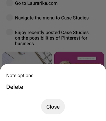 captura de pantalla de la opción del menú de notas del tablero de Pinterest para eliminar la nota