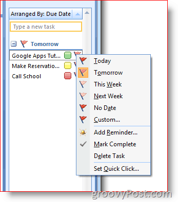 Barra Tareas pendientes de Outlook 2007 - Indicador de clic derecho para el menú de opciones