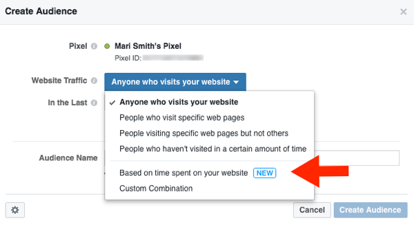 Cree una audiencia de Facebook personalizada basada en los datos de visitas al sitio web.