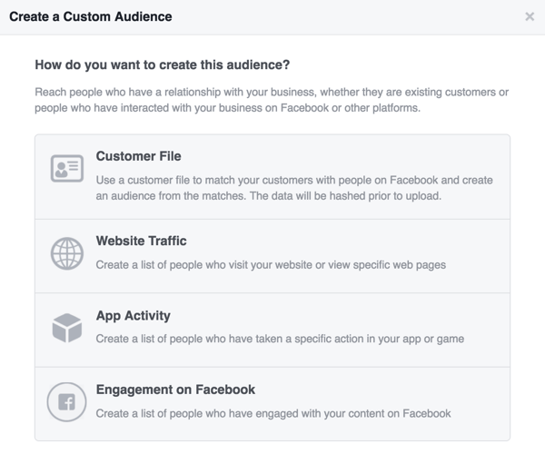 Elija la fuente que desea utilizar para su audiencia personalizada de Facebook.