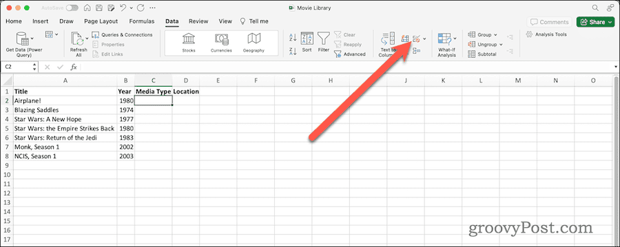 Botón de validación de datos en la cinta de datos en Excel
