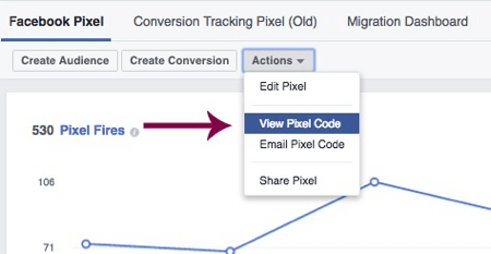 Haga clic en Ver código de píxel para acceder a su píxel exclusivo de Facebook.