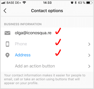 agregar información de contacto para una cuenta comercial de Instagram