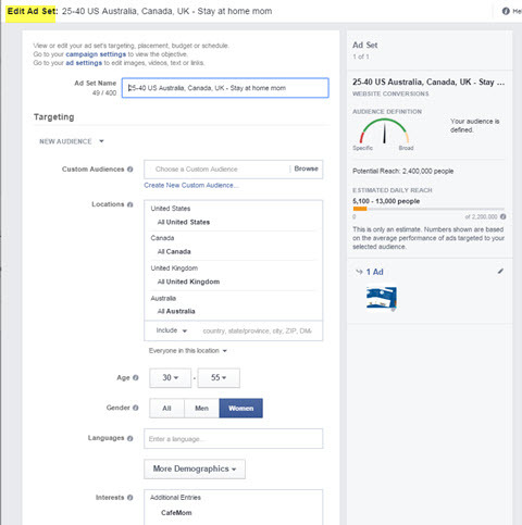 administrador de anuncios de facebook editar segmentación del conjunto de anuncios