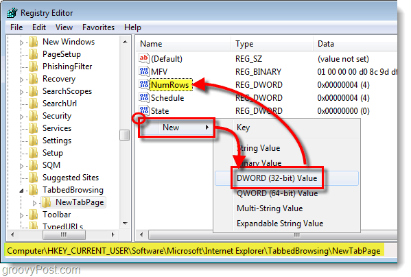 agregar números a HKEY_CURRENT_USERSoftwareMicrosoftInternet ExplorerTabbedBrowsingNewTabPage