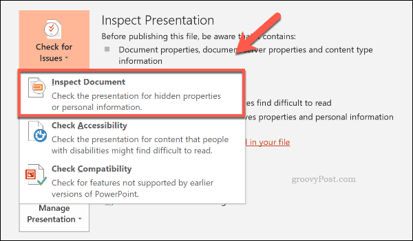 Botón Inspeccionar documento en PowerPoint