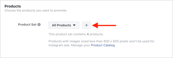 Elija los productos para promocionar en su campaña de anuncios dinámicos de Facebook.
