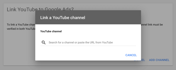 Cómo configurar una campaña de anuncios de YouTube, paso 2, configurar la publicidad de YouTube, vincular un canal de YouTube