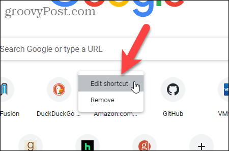 Seleccione Editar acceso directo en la página Nueva pestaña de Chrome