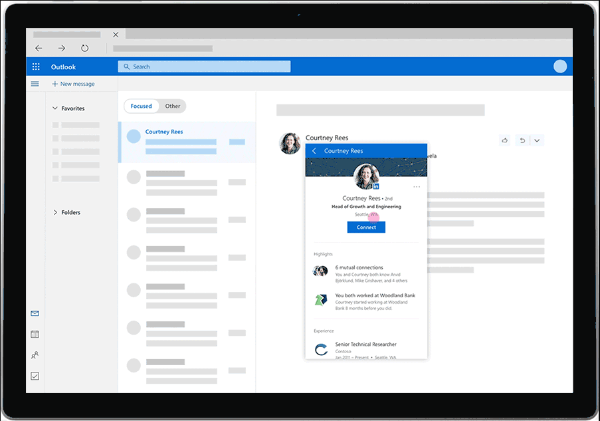 LinkedIn ahora proporcionará información valiosa, como imágenes de perfil, historial de trabajo y más desde la bandeja de entrada personal del usuario de Outlook.com.