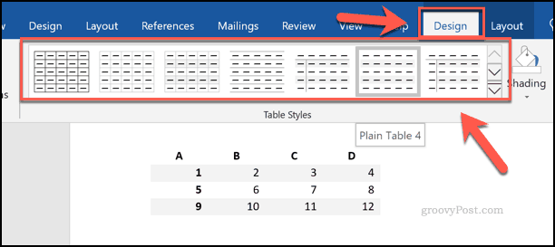 Elegir estilos de tabla en Word