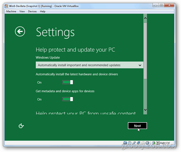 Configuración y actualización de VirtualBox Windows 8