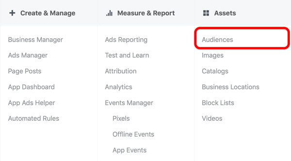 Opción para seleccionar Audiencias en Activos en el menú principal de Facebook Ads Manager.