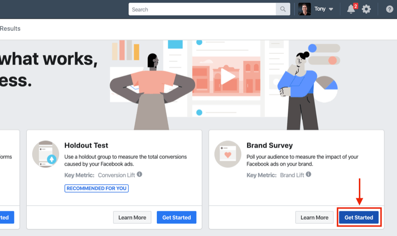 Botón Comenzar para la encuesta de marca para experimentos de Facebook