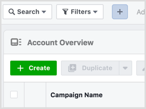 Botón Crear en el Administrador de anuncios de Facebook