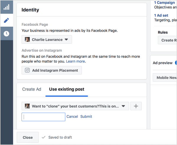 Seleccione Usar publicación existente e ingrese el ID de publicación de Facebook.
