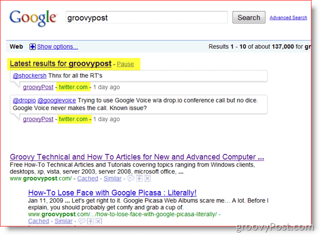 GroovyPost y Google Real-time Search