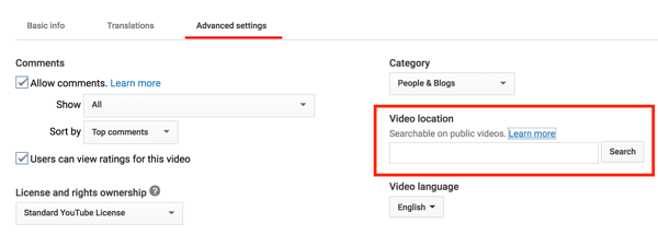 Agrega una ubicación a tu video de YouTube para que se pueda buscar geográficamente.