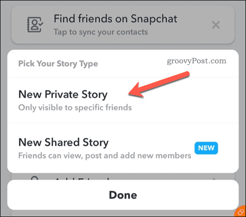 Crear una nueva historia privada de Snapchat
