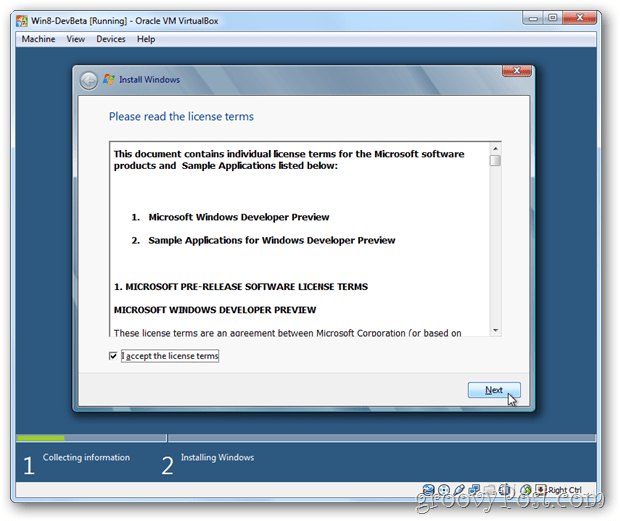 VirtualBox Windows 8 eula acepta licencia