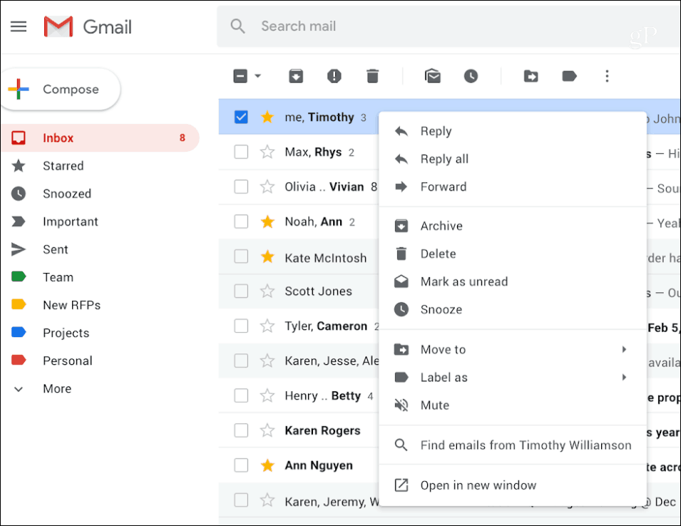 Menú contextual de clic derecho de Gmail