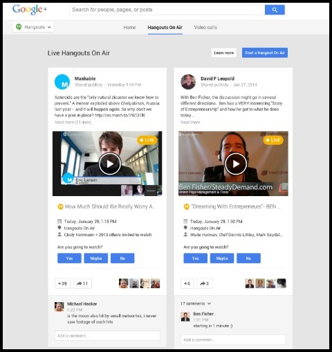 pestaña de hangouts en directo de google +