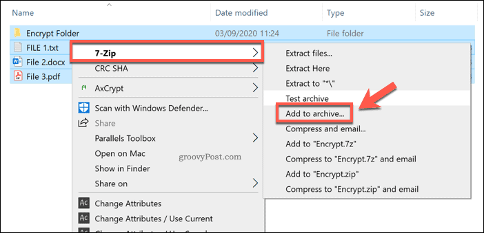 Agregar a un nuevo archivo 7-Zip en Windows 10