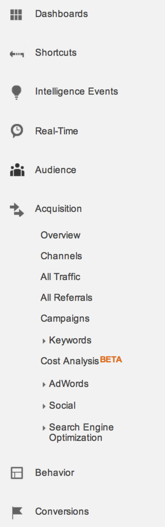 menú de la barra lateral izquierda de Google Analytics