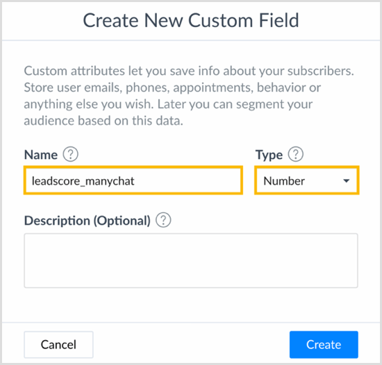 Elija un nombre y seleccione un tipo en el cuadro de diálogo Crear nuevo campo personalizado en ManyChat.