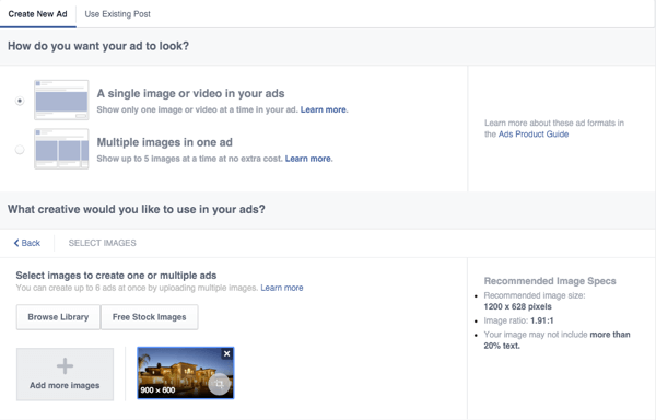 anuncio de lienzo de facebook configurar opciones creativas