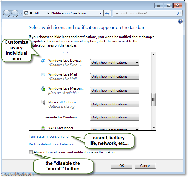 personalizar el panel de control de notificaciones de la bandeja del sistema de windows 7