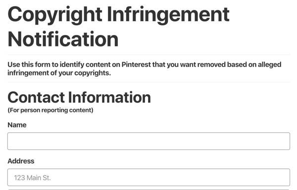 formulario de notificación de infracción de derechos de autor de Pinterest