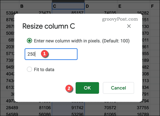 Opción para cambiar el tamaño de una columna en Google Sheets