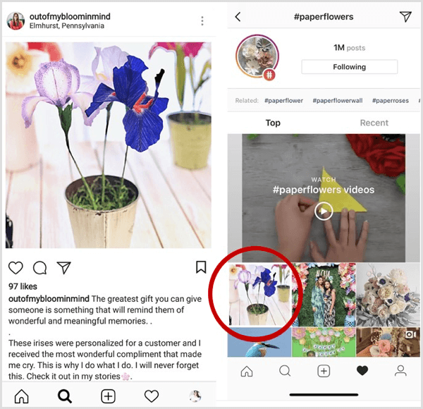 ejemplo de publicación de Instagram que aparece primero en los resultados de búsqueda para un hashtag específico