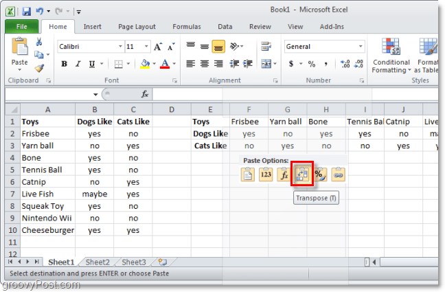 pegar en Excel usando transposición