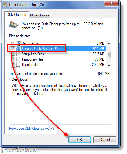 Service Pack de copia de seguridad de limpieza de archivos en Windows 7