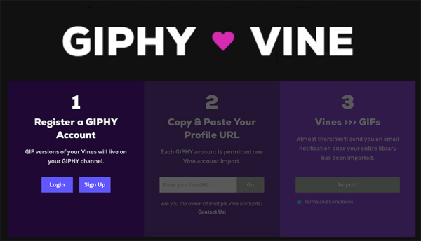 GIPHY lanzó una nueva herramienta GIPHY ❤ Vine que puede convertir todos los Vines que ha creado en GIF para compartir.