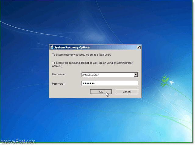 ingrese su nombre de usuario y contraseña para la recuperación del sistema de Windows 7
