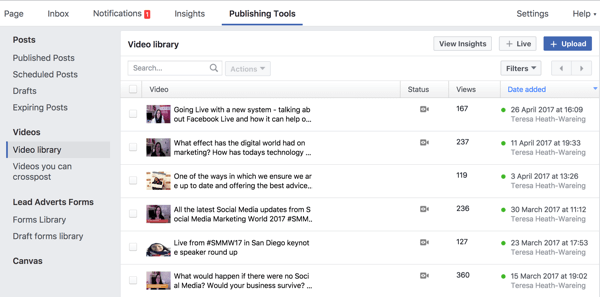 Puede acceder a su biblioteca de videos de Facebook completa en Herramientas de publicación.