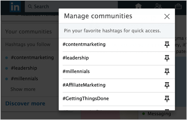 Haga clic en el ícono de Pin junto a los hashtags de LinkedIn que desea agregar para fijar a su lista.