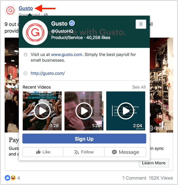Los usuarios ven una vista previa cuando colocan el cursor sobre una página en los anuncios de Facebook.