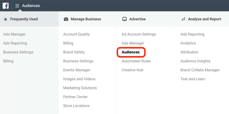 captura de pantalla de la opción Audiencias en un círculo rojo en el menú del Administrador de anuncios de Facebook