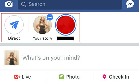 Acceso a las historias de Facebook y la bandeja de entrada directa.