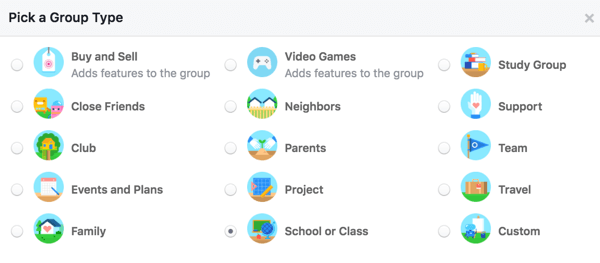 Elija un tipo de grupo para que los usuarios sepan más sobre su grupo.