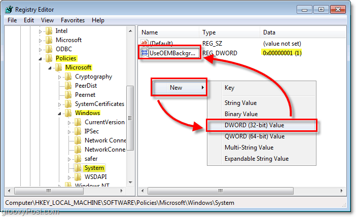 busque la clave de registro de Windows 7 HKEY_LOCAL_MACHINESOFTWAREPoliciesMicrosoftWindowsSystem