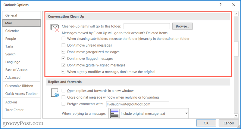 Configuración de limpieza de conversación en Outlook