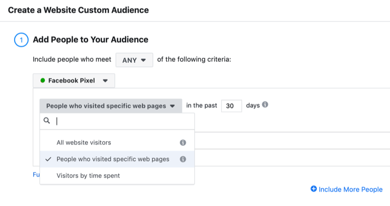 cuadro de diálogo para crear una audiencia personalizada de visitantes del sitio web de Facebook