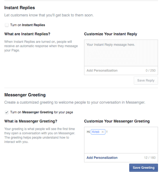 opciones para respuestas instantáneas y saludos de Facebook