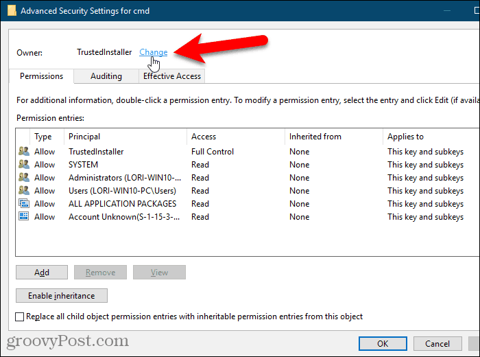 Haga clic en el enlace Cambiar para el propietario de una clave en el Registro de Windows