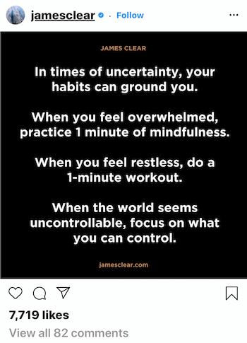 Publicación de James Clear en Instagram sobre cómo los hábitos pueden aterrizarte en tiempos de incertidumbre